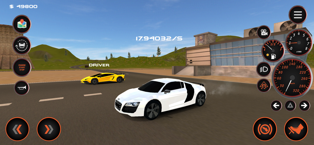 Gameplay view of Carshift showing a white sports car on an open road with game UI