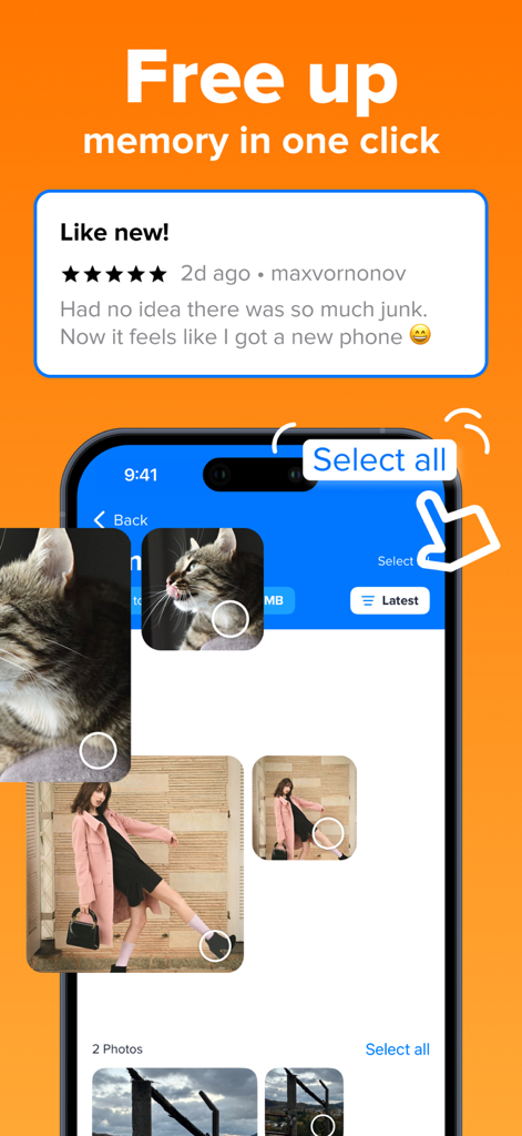 Interfaz de la aplicación optimizador de almacenamiento IA que muestra una función de limpieza de memoria con un clic y selección de fotos para eliminar.