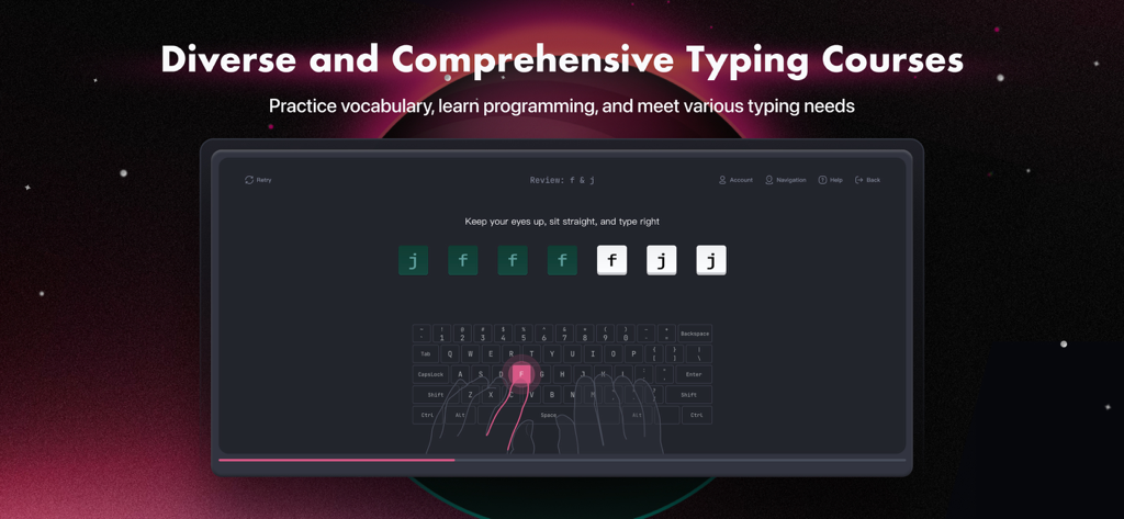TypingPlanet touch typing lesson interface with keyboard finger positioning