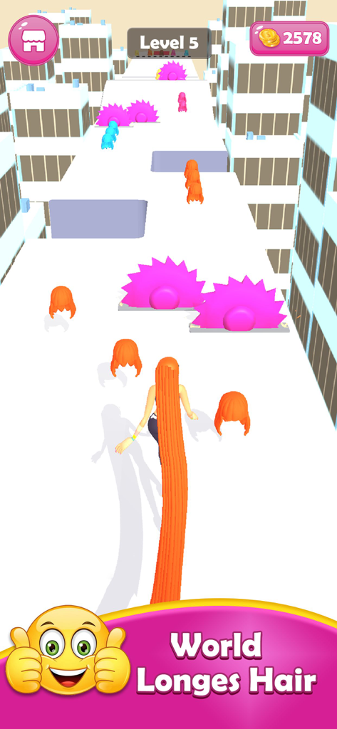 Hair Challenge - Hair Cut Run - A character with very long orange hair running through a rooftop level in the Hair Challenge game.