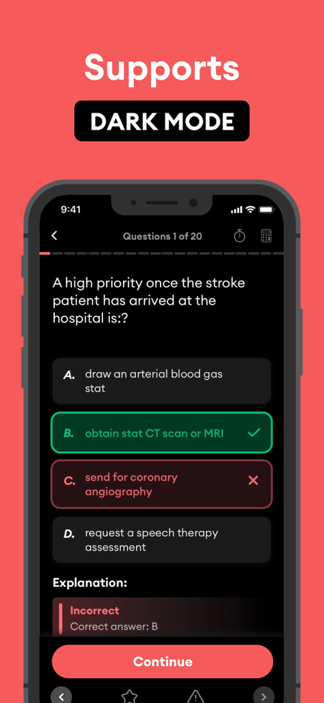 Questão de preparação para o exame ACLS mostrada em modo escuro em um dispositivo móvel.