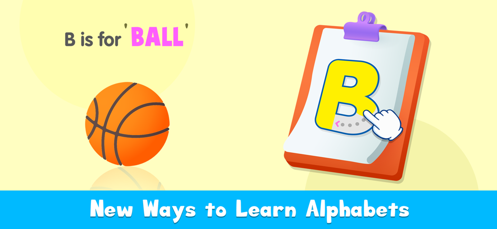 ABC Tracing & Phonics for Kids - Preschool learning game showing letter B tracing and phonics association with a ball.
