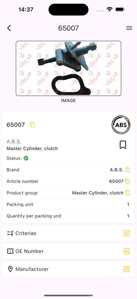 KPARTS - Auto Parts Catalogs - Technical specifications and image of a clutch master cylinder in the KPARTS auto parts catalog app.