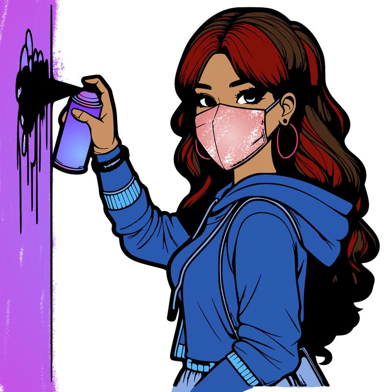 realistic girl with mask spray painting a wall