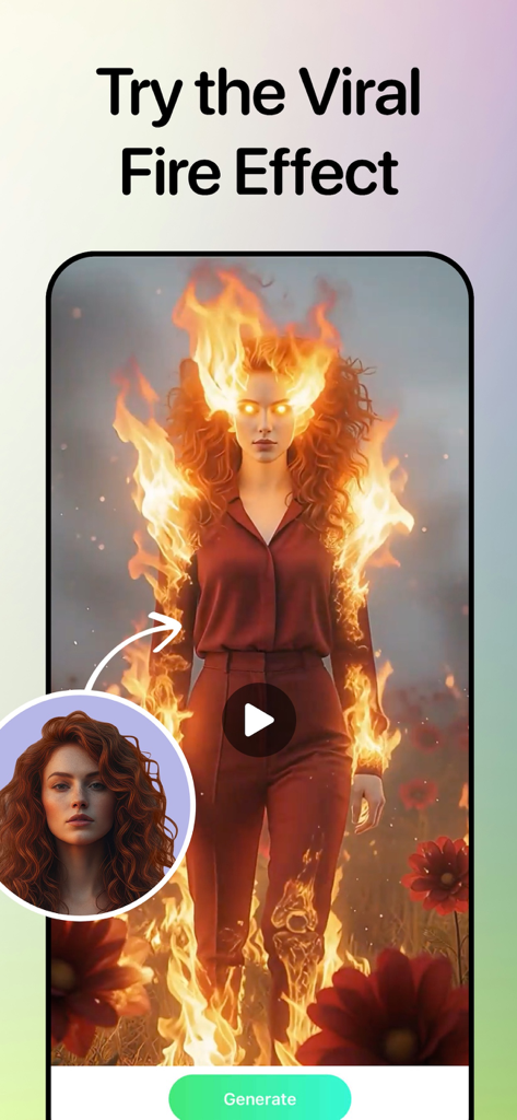 NoX Effect: AI Video Generator - Mobile app preview of NoX Effect showing a woman with a viral AI fire effect and glowing eyes