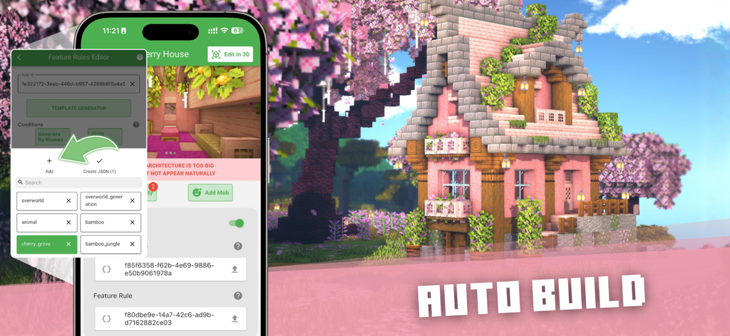 Minecraftの建築アプリのインターフェース。チェリーハウスの背景で自動建築機能が表示されています。