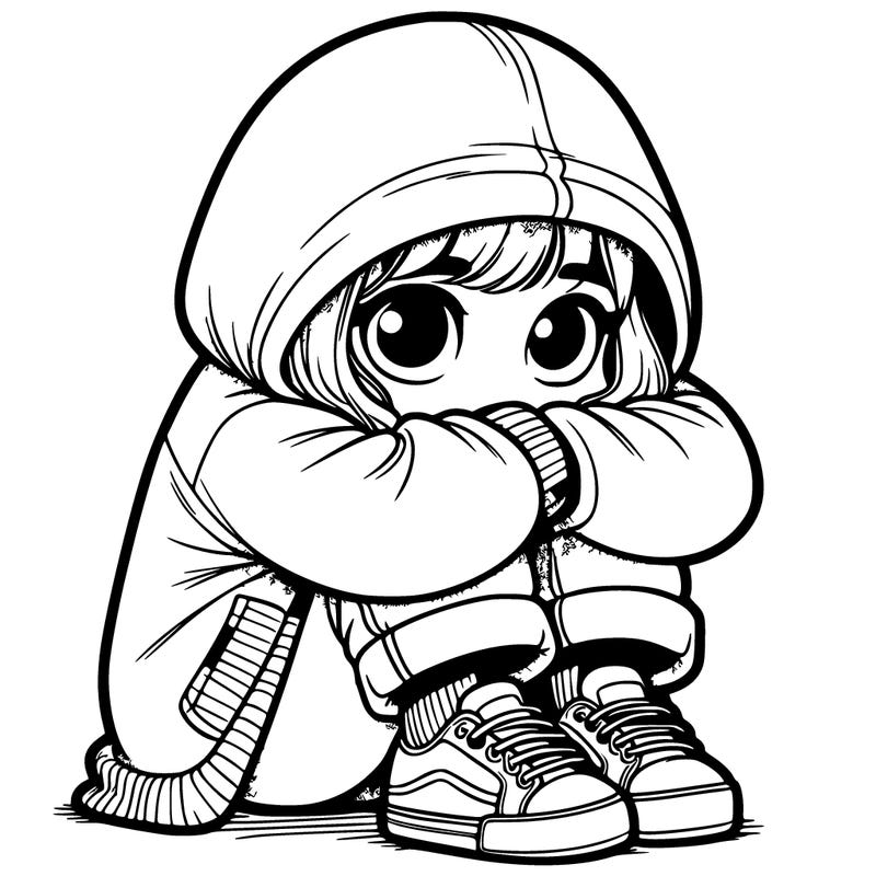 girl hiding in a hoodie and shorts