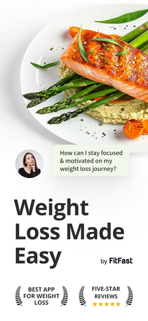 Saumon sain et bulle de discussion de coaching IA sur l'écran de l'application de jeûne intermittent FitFast.