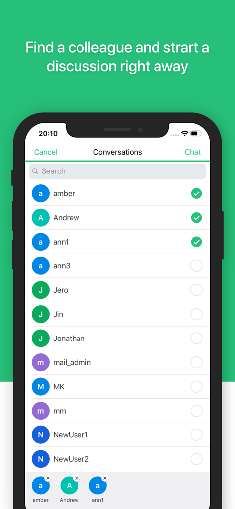 Synology Chat - Screen showing contact selection to start a chat in Synology Chat app