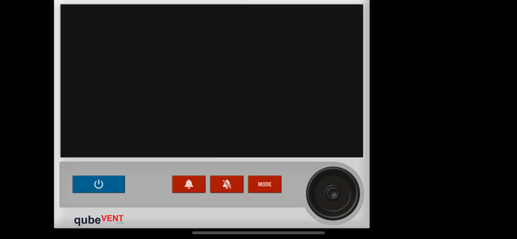 qubeVENT by SKILLQUBE - Digital interface of the qubeVENT medical ventilator simulator featuring control buttons and a navigation dial