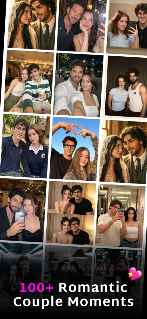AI Couple Photo: Video Rizz AI - A collage of diverse AI-generated romantic couple photos showcasing various styles and settings