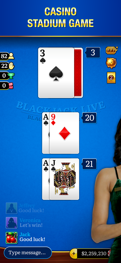 Blackjack Live ™ Casino 21 - プレイヤーカードとソーシャルチャットを備えたライブブラックジャックスタジアムゲームプレイインターフェース