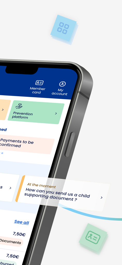 Smartphone displaying the Henner plus health insurance app dashboard with member account features