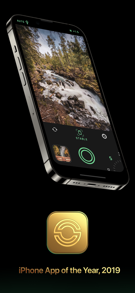 Spectre Camera - Spectre Camera app on iPhone showing a long exposure waterfall photo and the Apple 2019 App of the Year award icon