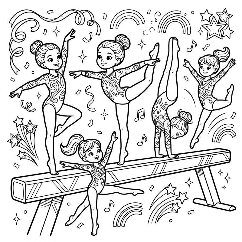 Celebrate the grace and strength of young gymnasts with this engaging coloring page. Watch as kids master the balance beam, ready for a burst of your favorite colors!
