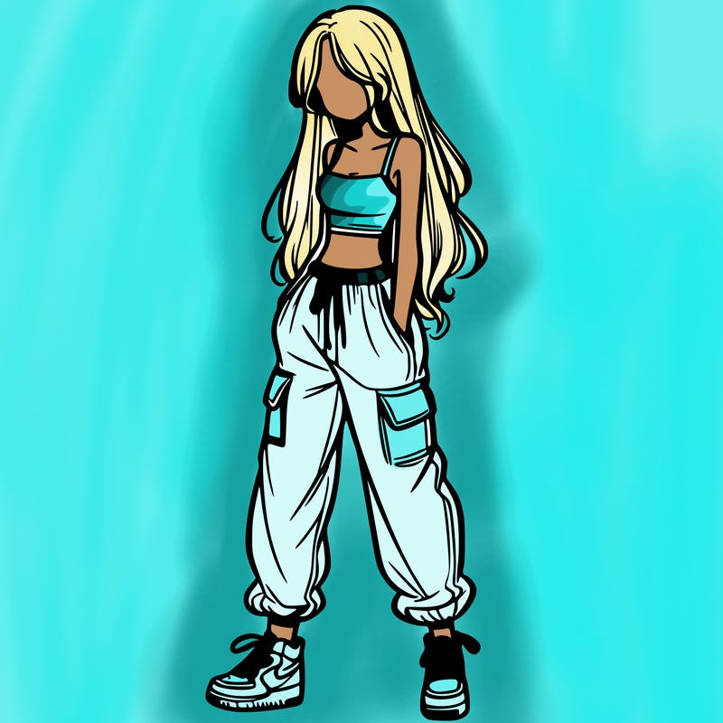 girl in baggy pants crop top and long hair