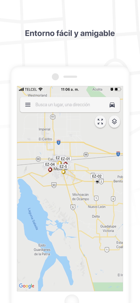Eztrack - Eztrack-App-Oberfläche, die Echtzeit-GPS-Standortmarkierungen für eine Flotte auf einer Google Map anzeigt