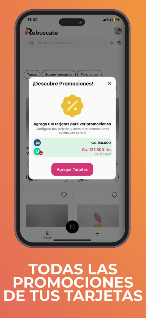 Rebuscate - Rebuscate app interface showing a popup to discover bank card promotions