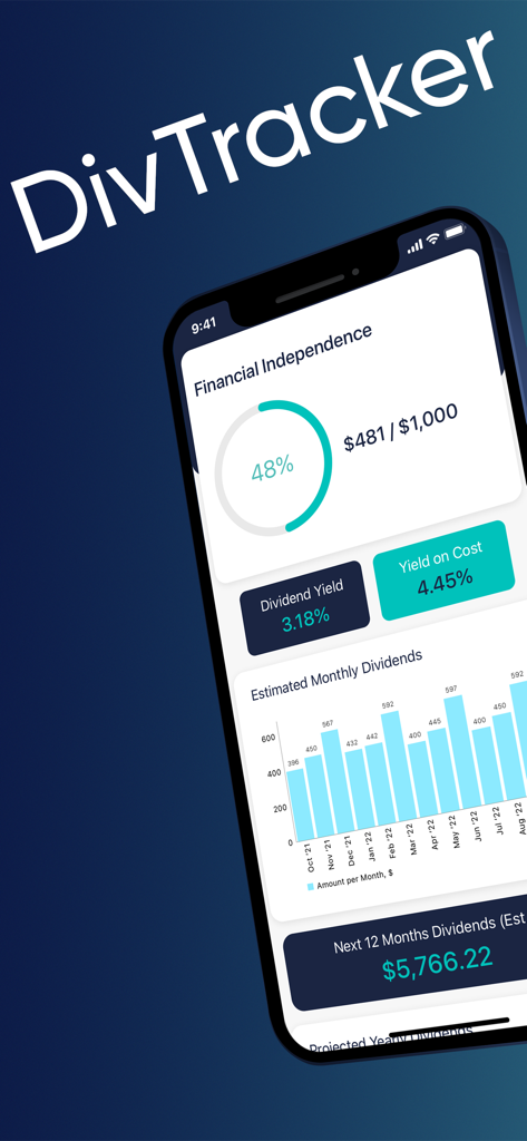 Dividend Tracker: Stock Market - Application Dividend Tracker montrant les progrès vers l'indépendance financière et les estimations des dividendes mensuels