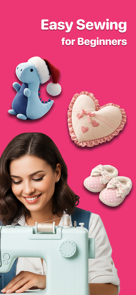 Sewie: Sewing Patterns- Stitch - Uma mulher sorrindo usando uma máquina de costura com projetos DIY para iniciantes, incluindo um bicho de pelúcia de dinossauro e uma almofada de coração