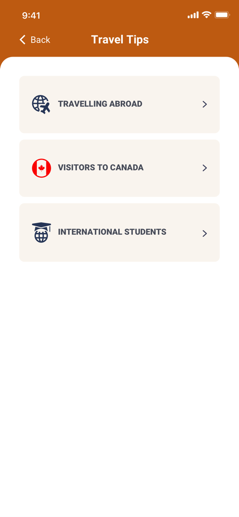 Manulife TravelAid - Manulife TravelAid app screen showing travel tips categories for travelling abroad visitors to Canada and international students