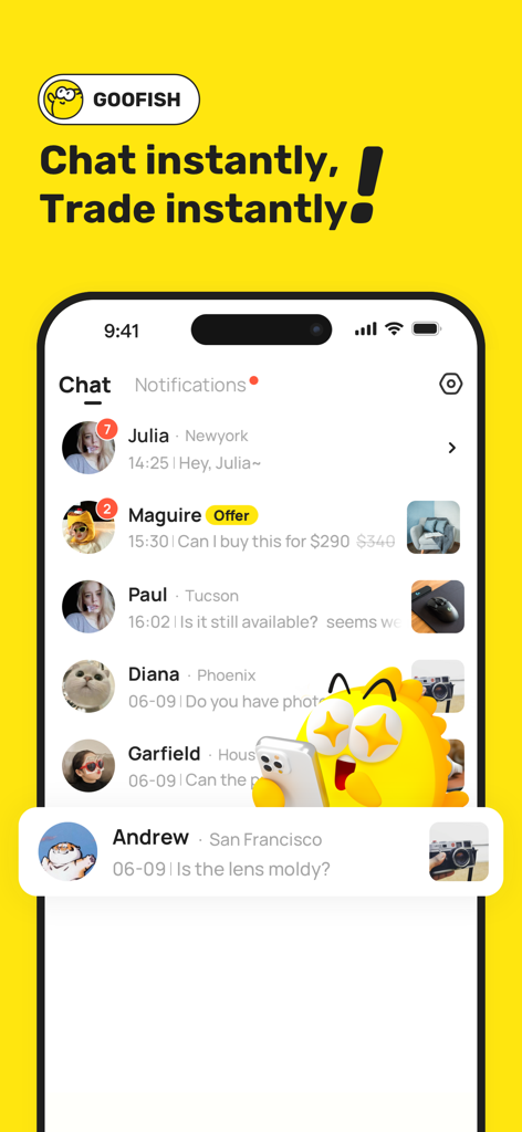 Goofish - Selling & Buying - Goofish app real-time chat screen showing messages and offers for secondhand items.
