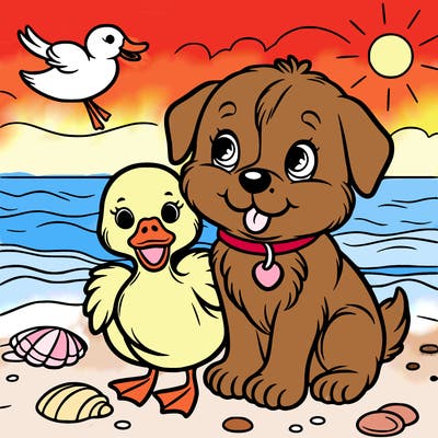 puppy and duck on beach