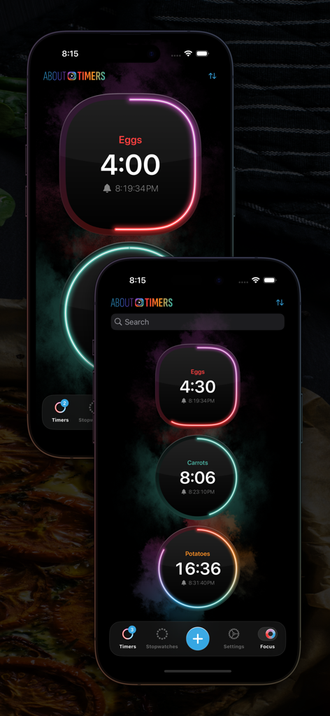 Multiple Timers & Stopwatches - Interface of a multiple timer app showing neon glowing countdowns for cooking eggs carrots and potatoes