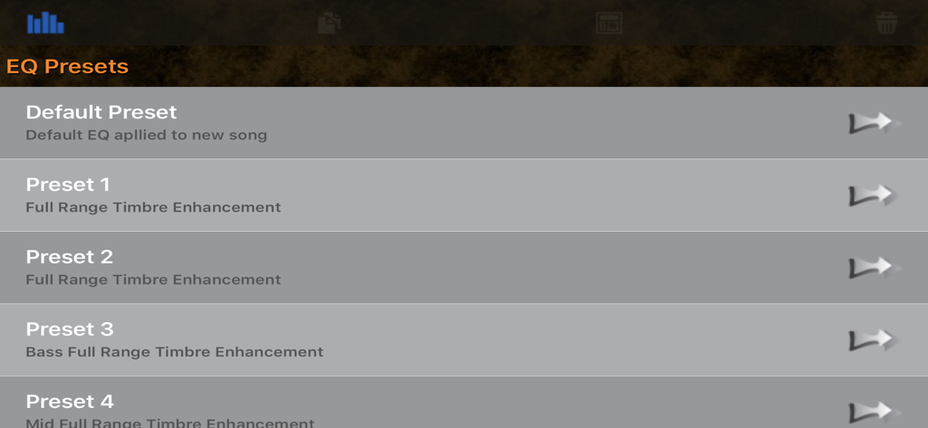 HD Music Parametric Equalizer - List of customizable equalizer presets for timbre enhancement in the HD Music Parametric Equalizer app