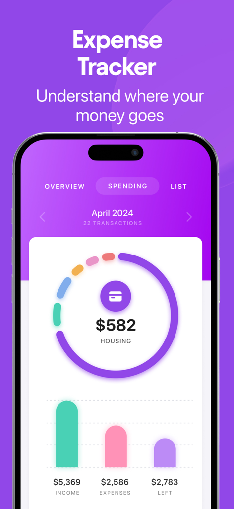 Buddy: Budget Planner App - Interfaz de la aplicación Buddy que muestra un rastreador de gastos mensual con gráficos de gastos e ingresos