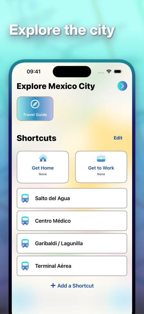 Mapway app interface showing transit shortcuts and a travel guide for Mexico City