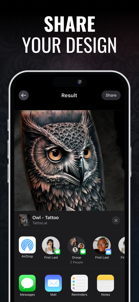 Tattoo Generator - AI Tattoo - Schermata dell'app AI tattoo generator che mostra un dettagliato design di gufo e opzioni di condivisione