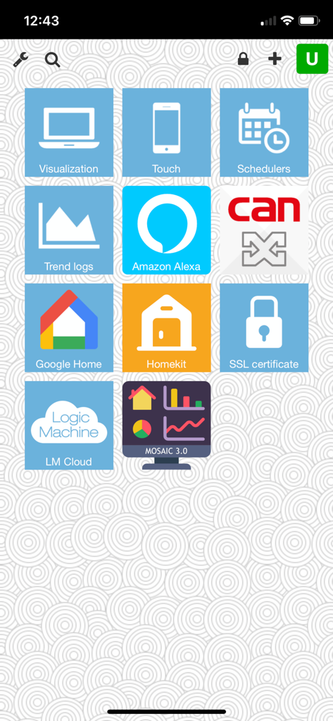 LM Home - LM Home app dashboard showing smart home integration tiles for Alexa Google Home and Homekit