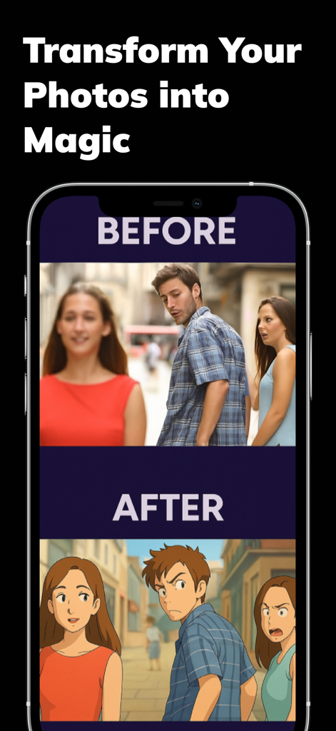 AI Japanese Anime Generator - Before and after comparison showing a photo transformed into anime style using AI
