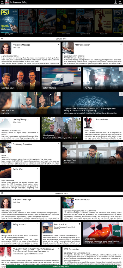 Digital dashboard showing occupational safety articles and journal entries