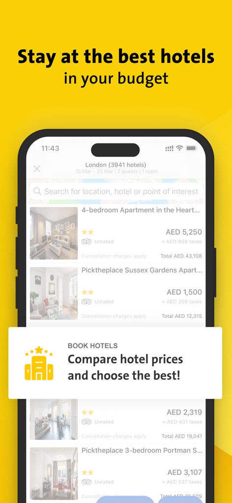 Cleartrip ME | Flight & Hotel - Cleartrip ME mobile app interface displaying hotel search results and price comparison for London.