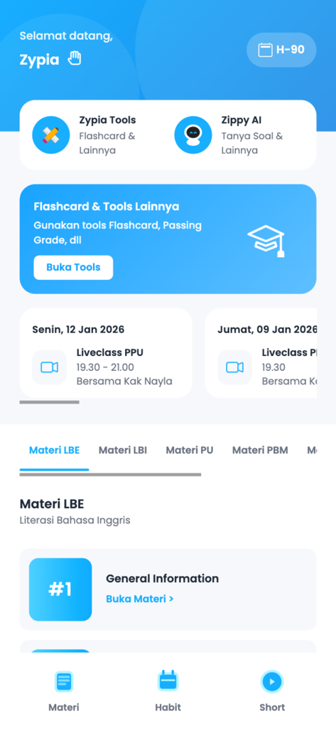Dashboard of Zypia app featuring study tools, live class schedule, and UTBK exam preparation materials.