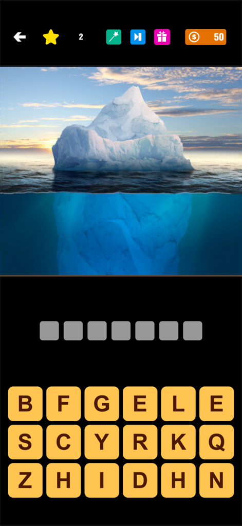 Un nivel de juego de acertijos de palabras que presenta una imagen de un iceberg con fichas de letras para adivinar la palabra