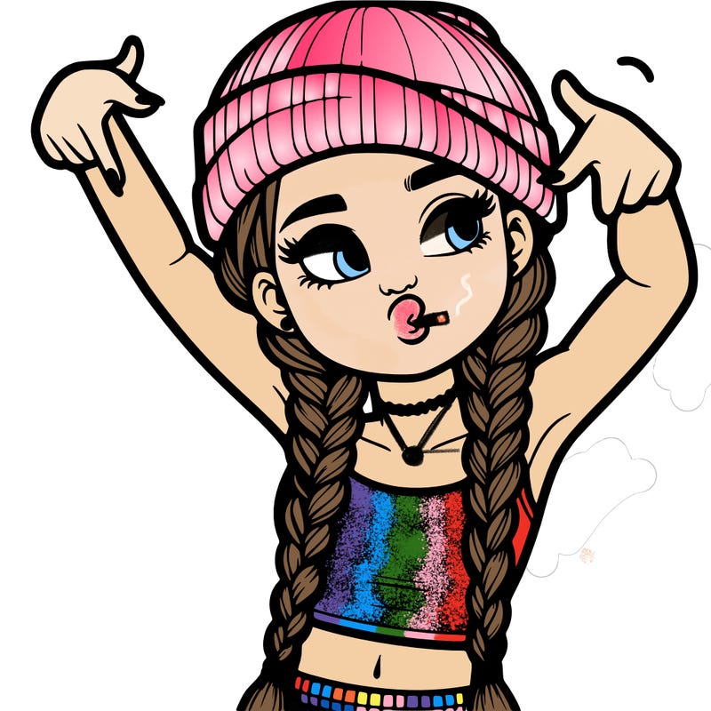realistic teenage girl with braids and a beanie and crop top doing 🫶🏼