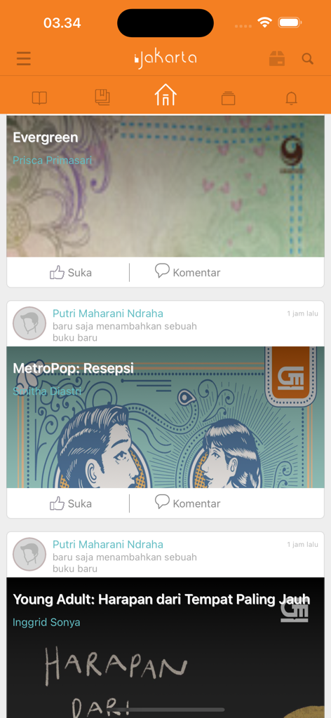 iJakarta - Screenshot of the iJakarta app social feed displaying several book covers and community interactions like and comment buttons.