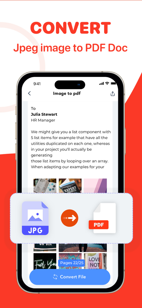 Interfaccia dell'app mobile che mostra la conversione di un'immagine JPEG in un documento PDF