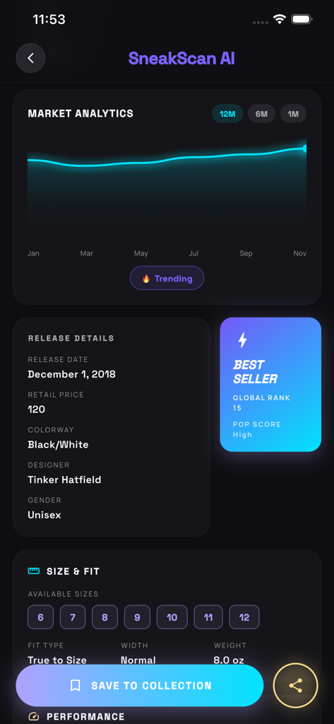Sneaker Scanner: Shoe-Identify - Sneaker Scanner app interface showing market analytics graph, release details, and shoe size options