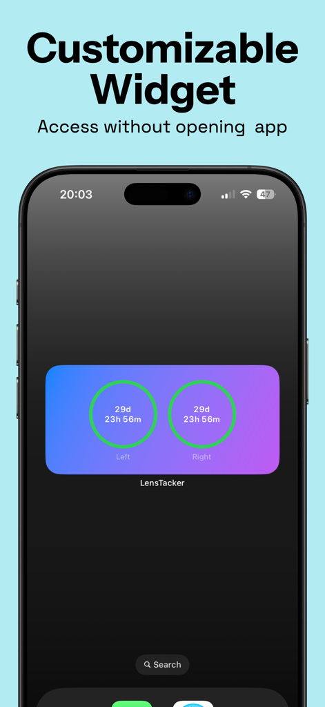 Customizable iOS widget for Lens Tracker app displaying remaining time for left and right contact lenses