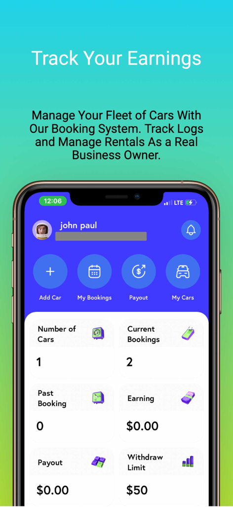 YaRide - Dashboard dei guadagni dell'app YaRide che mostra il tracker dei guadagni e le opzioni di gestione della flotta