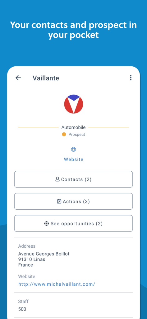BoondManager 앱 인터페이스로, 주소 및 직원 정보를 포함한 회사 잠재 고객의 자세한 CRM 프로필을 보여줍니다.