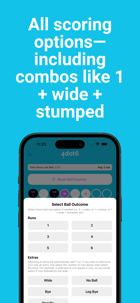 Cricket Umpire Ball Counter - Screenshot of the Cricket Umpire Ball Counter app showing a menu to select ball outcomes like runs and extras