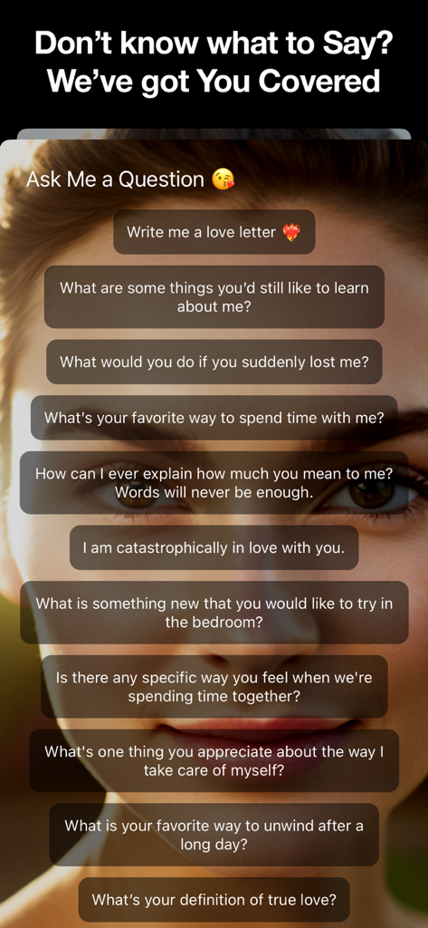Her: The Virtual AI Girlfriend - A list of romantic conversation starters and chat prompts in the Her AI Girlfriend mobile app.