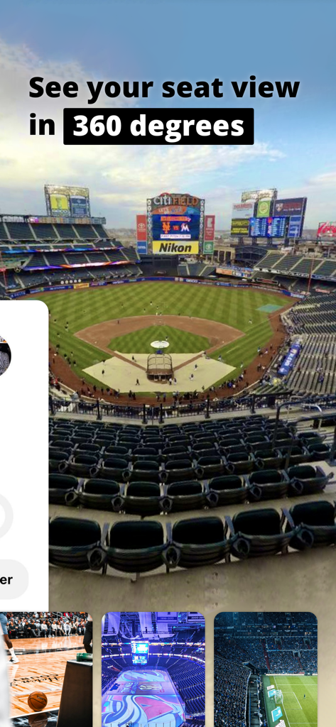 Vista immersiva a 360 gradi di uno stadio all'interno dell'app TickPick