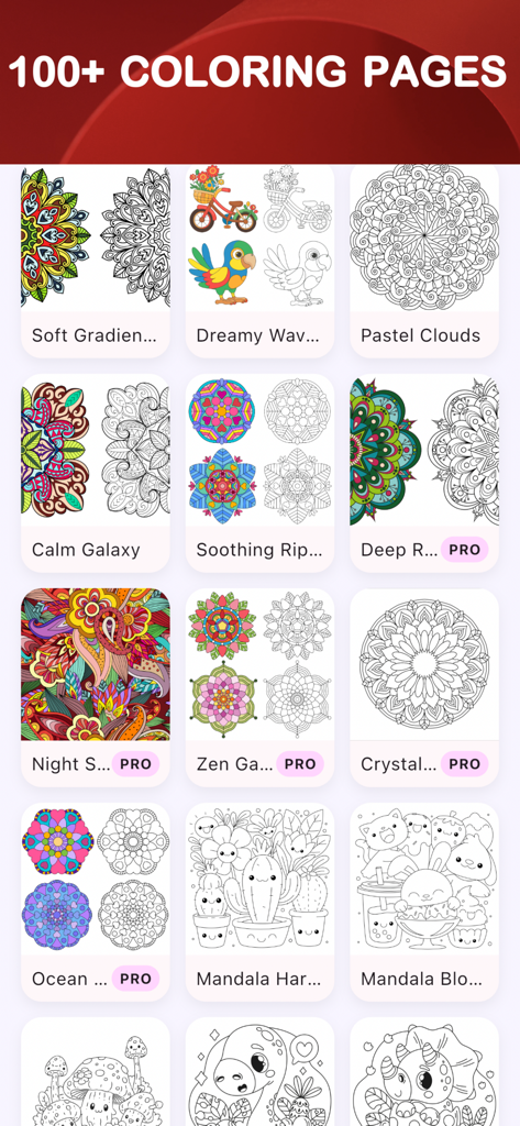 Satisfying Coloring ASMR - 앱 메뉴에서 만다라와 귀여운 삽화를 특징으로 하는 100개 이상의 편안한 색칠 페이지 컬렉션