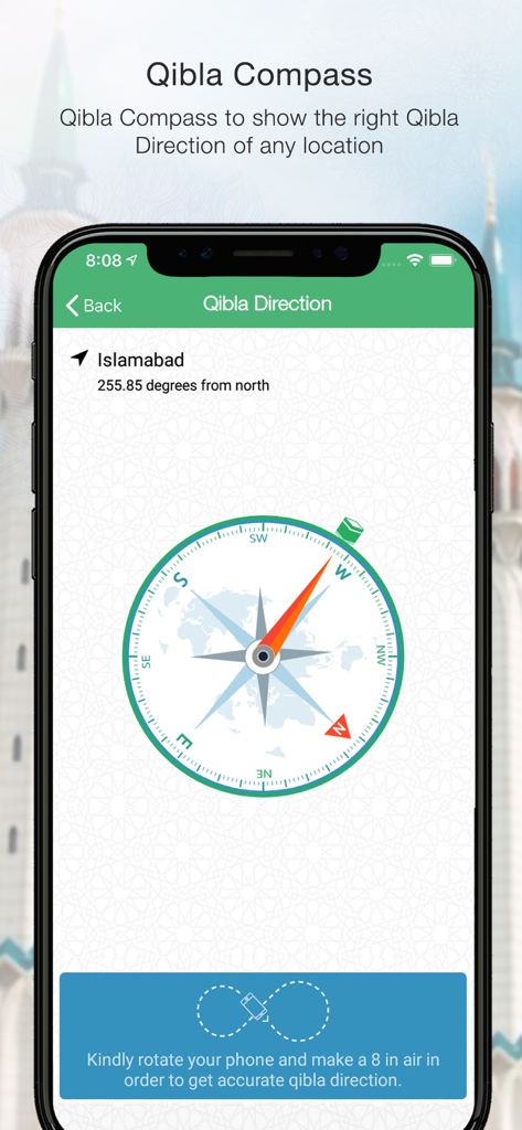Qibla compass feature showing the direction to the Kaaba in the Islamic Prayer app